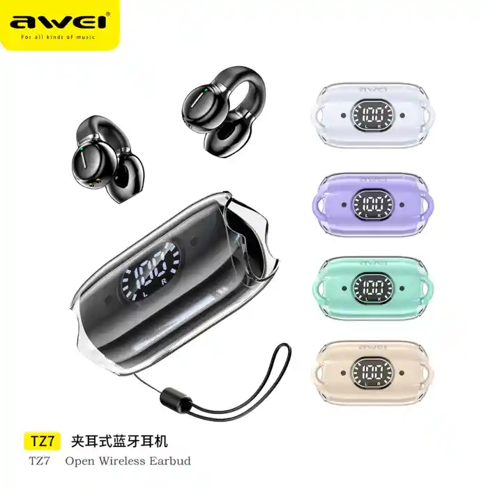 Awei TZ7 Soft Ear Clip-on Sports Wireless Headphones Bluetooth 5.3 Earphones Hifi Sound Earbuds With LED Digital Display